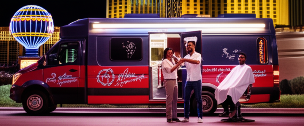 A friendly barber giving a haircut to a Las Vegas casino worker late at night next to a mobile barber van with the Strip in the background.