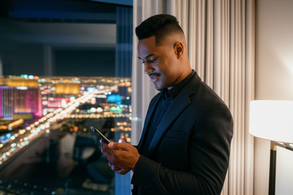 A confident man with a fresh haircut checking his phone in a Vegas hotel room.
