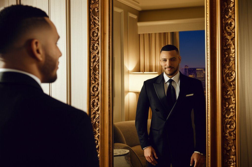 A relieved groom admiring his fresh fade in a Las Vegas hotel room mirror before his wedding.