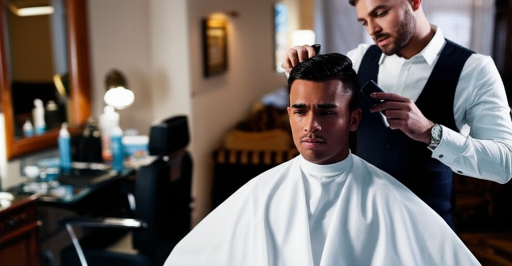 A discreet barber providing a luxury haircut in a high-end Las Vegas hotel suite late at night.